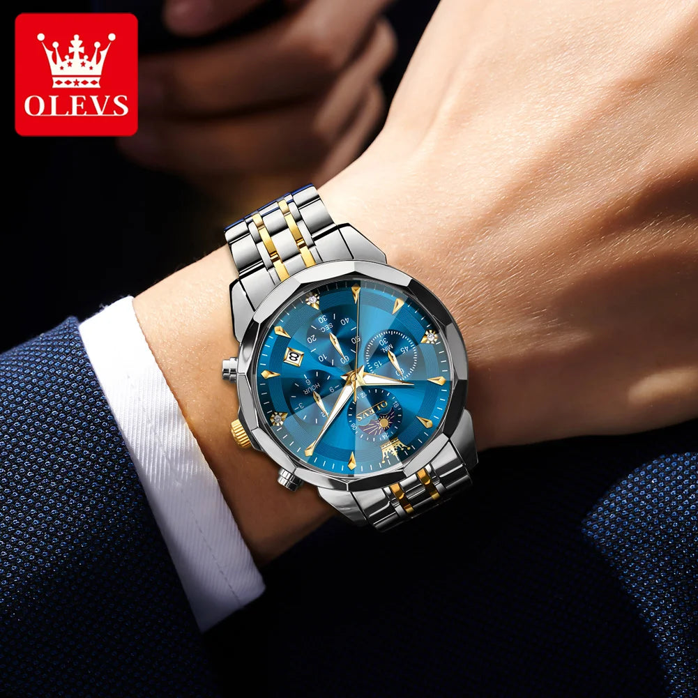 OLEVS 3673 Man Watch Fashion Chronograph Quartz Watch For Men 43mm Big Dial Moon Phase Calendar Waterproof Original Hand Clock
