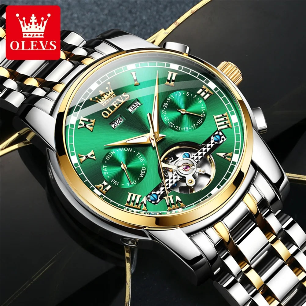 OLEVS Uhren für Herren Luxus-Edelstahl-Schwungrad-Automatik-Uhr Handuhr Woche Datum Wasserdicht Leuchtende Herrenuhr 6607
