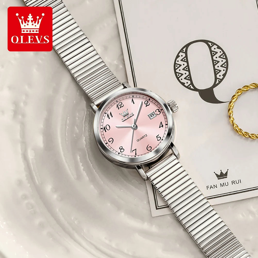 OLEVS 7130 Damenuhren Elegante Mesh-Armband Quarzuhr 9,5mm dünnes Gehäuse Wasserdichtes Automatisches Datum Damen Uhr