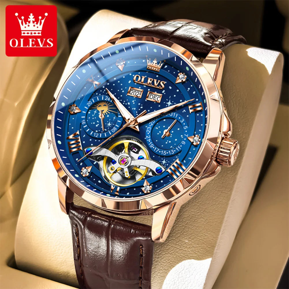OLEVS 6690 Herrenuhr, hohle Mode-Datumsuhr, mechanische Uhr für Männer, Mondphase, tief wasserdicht, leuchtend, Original Herren Armbanduhr