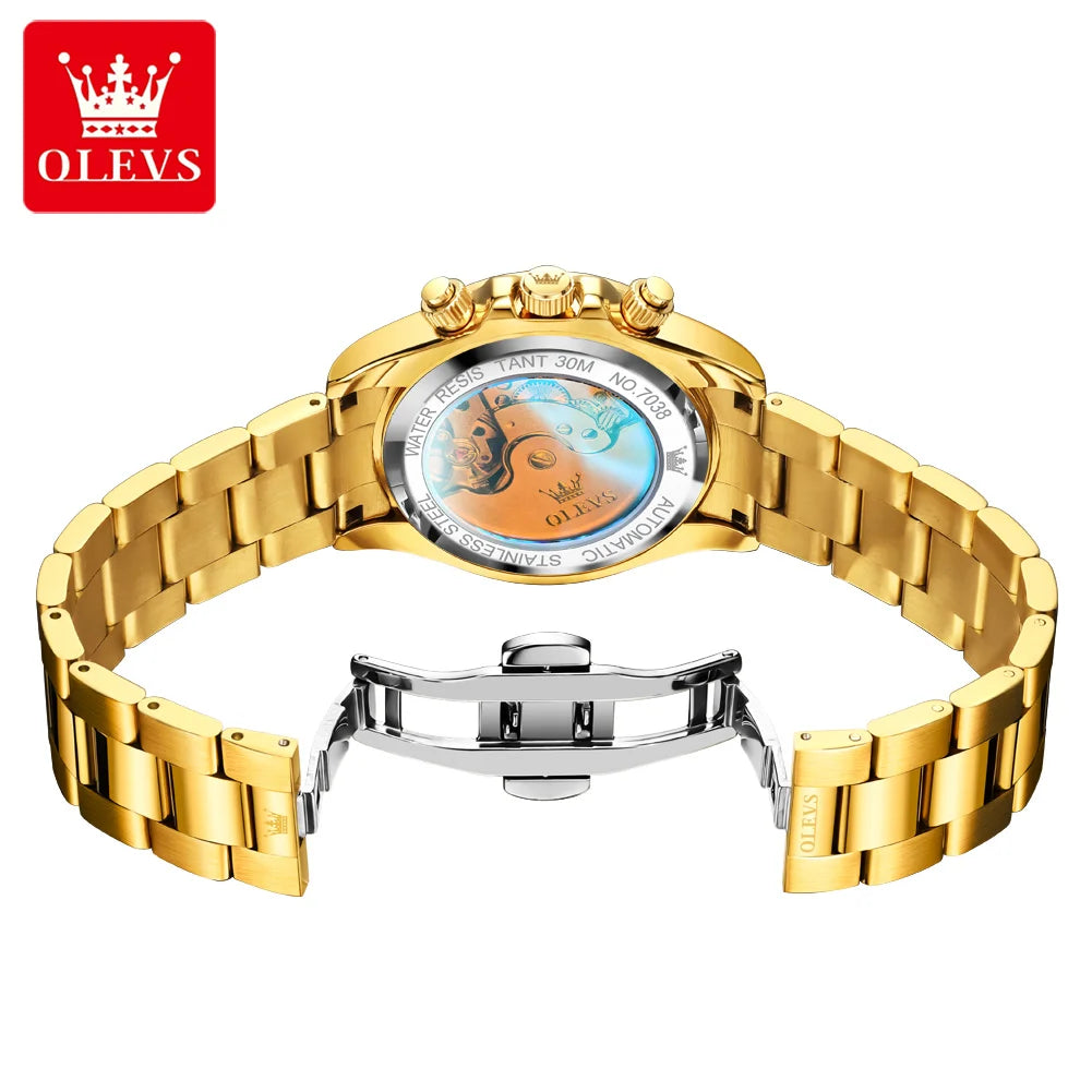 OLEVS 7038 Luxuriöse Diamant-Automatik-Herrenuhr mit Mondphase, Datumsanzeige, 30 m wasserdicht, Edelstahl-Herrenarmbanduhr