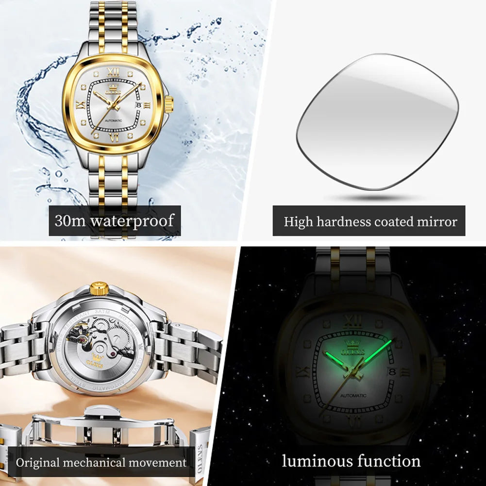OLEVS 9810 Damen Armbanduhr Top Marke Business Datum Mechanische Uhr für Frauen Diamant Skala Luxus Original Wasserdicht Handuhr