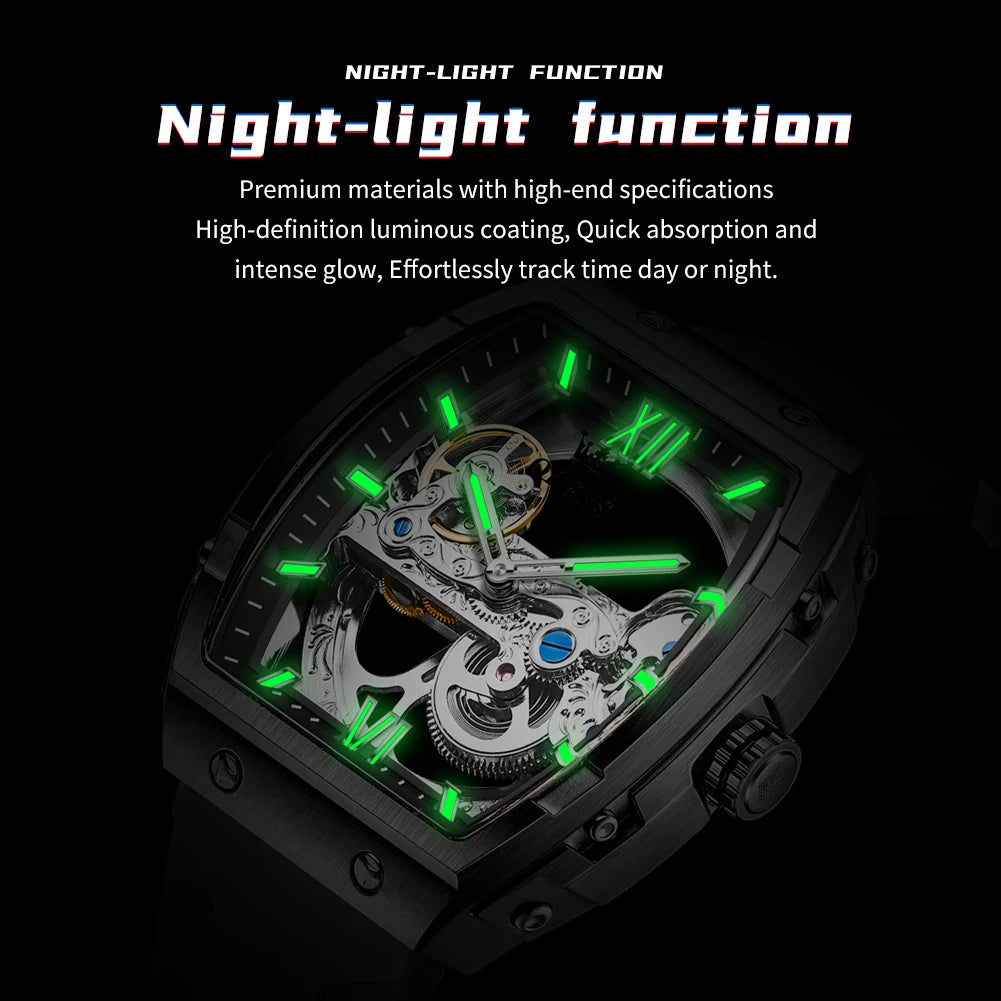 OLEVS 6779 Herrenuhr Skelett Luxus Tonneau Mechanische Uhren für Männer Wasserdichtes Silikonarmband Automatische Handaufzugsuhr Geschenkbox