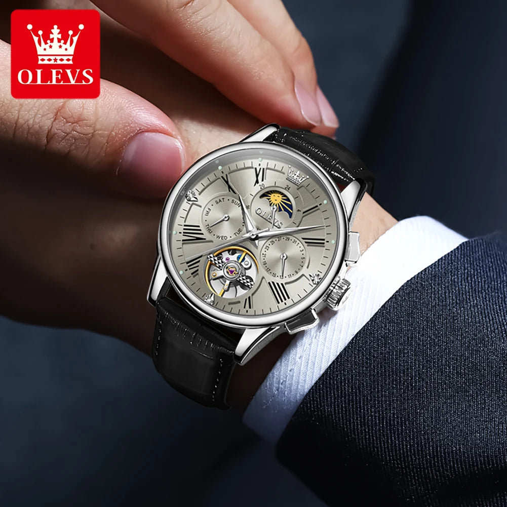 OLEVS Luxus-Herrenuhren Original Fashion Skeleton Automatische mechanische Uhren Wasserdichte Mondphasenuhren für Männer 9912