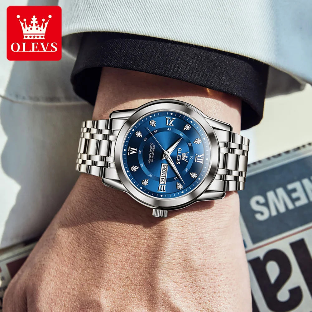 OLEVS 5513 Armbanduhr Herren Dual-Kalender Mode Quarzuhr Für Männer Diamant-Skala Edelstahl Luxus Herren Armbanduhr Wasserdicht