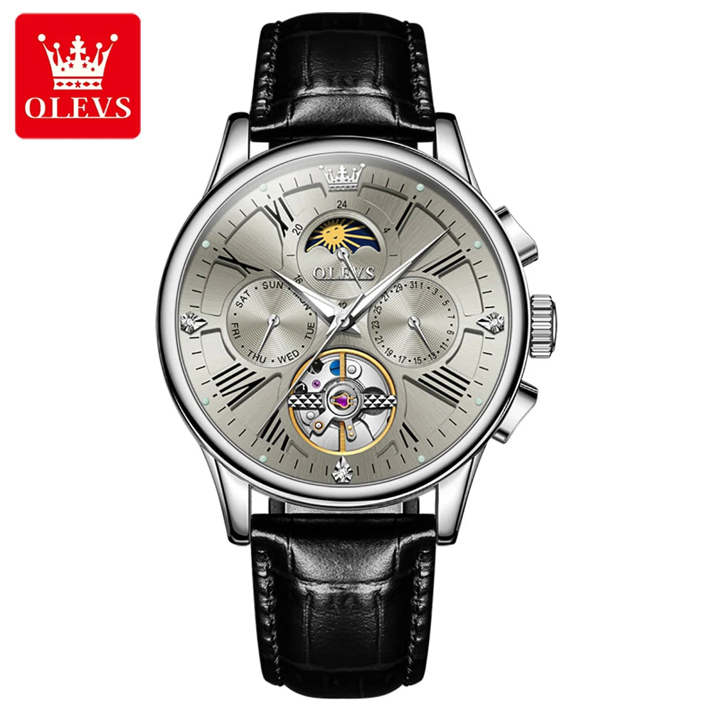 OLEVS Luxus-Herrenuhren Original Fashion Skeleton Automatische mechanische Uhren Wasserdichte Mondphasenuhren für Männer 9912