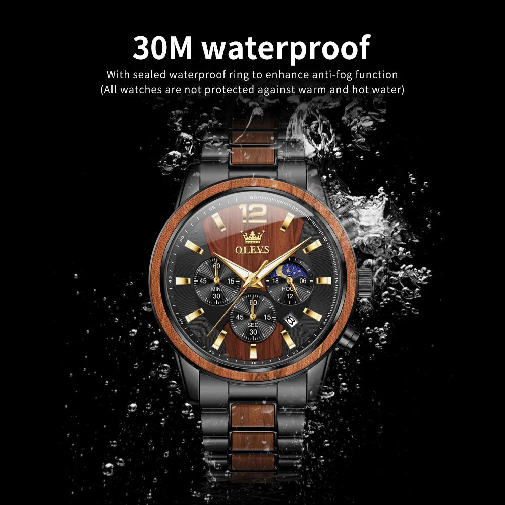 OLEVS 3645 Quarzuhr für Herren, modischer Chronograph, Stahl-Holz, 44 mm, großes Zifferblatt, Zeigeruhr, Mondphase, wasserdicht, leuchtende Herrenuhr
