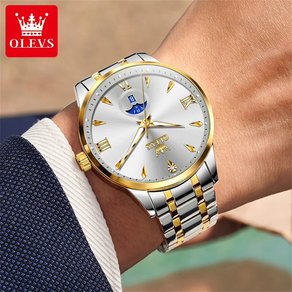 OLEVS 3646 Men Watch Steel Strap Original Fashion Quartz Watch For Men Week Date Display Waterproof Luminous Luxury Hand Clock