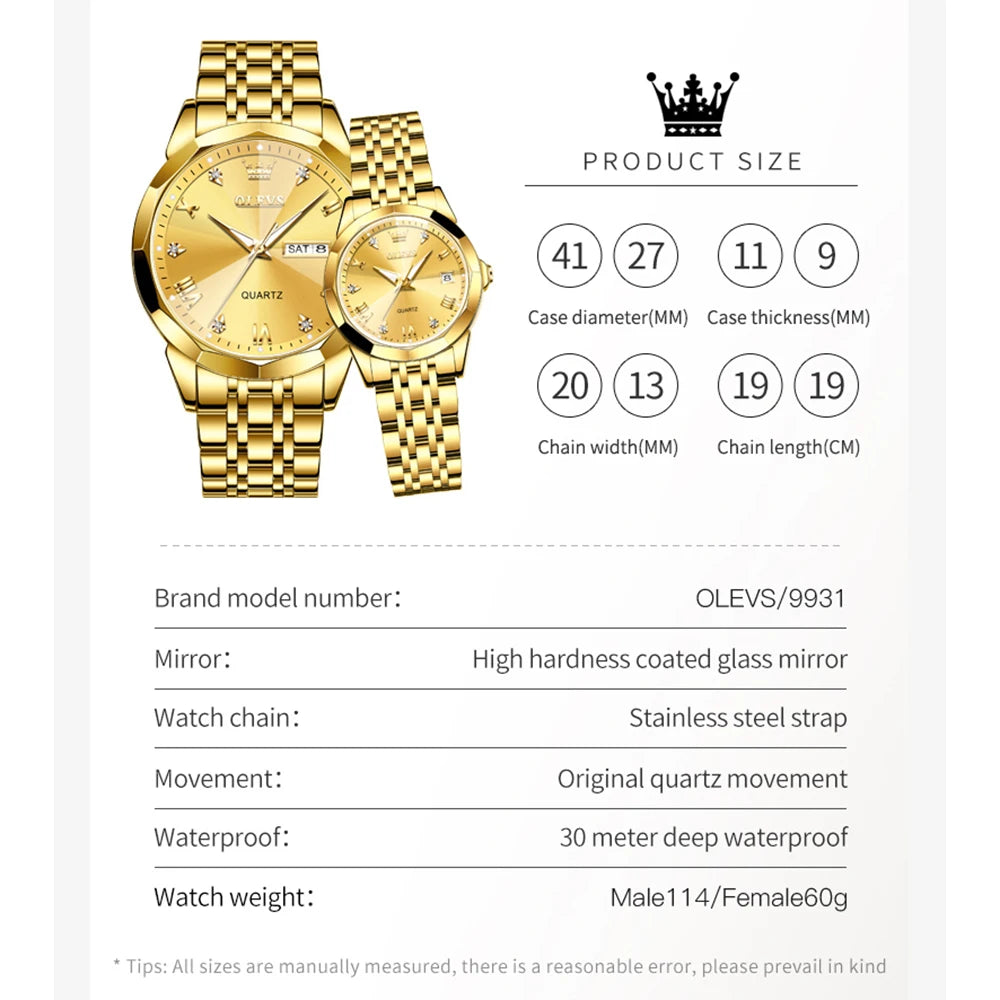OLEVS 9931 Uhr für Herren und Damen Römische Skala Quarz-Paaruhr Rhombus-Spiegel Automatisches Datum Armbanduhr Luxus Wasserdichte Handuhr