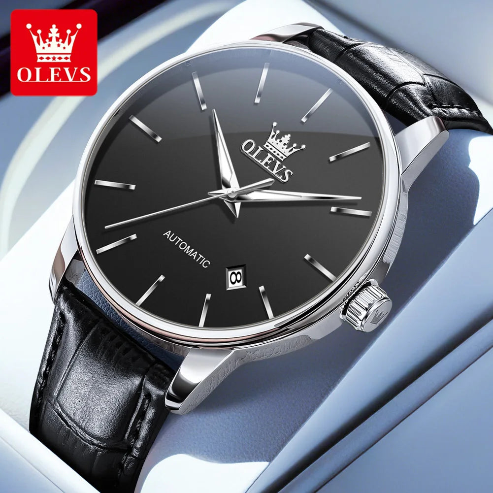 OLEVS 6725 Herren Automatikuhr Klassische Einfache Mechanische Uhr Für Männer Automatisches Datum Original Wasserdichtes Leder Herrenarmbanduhr