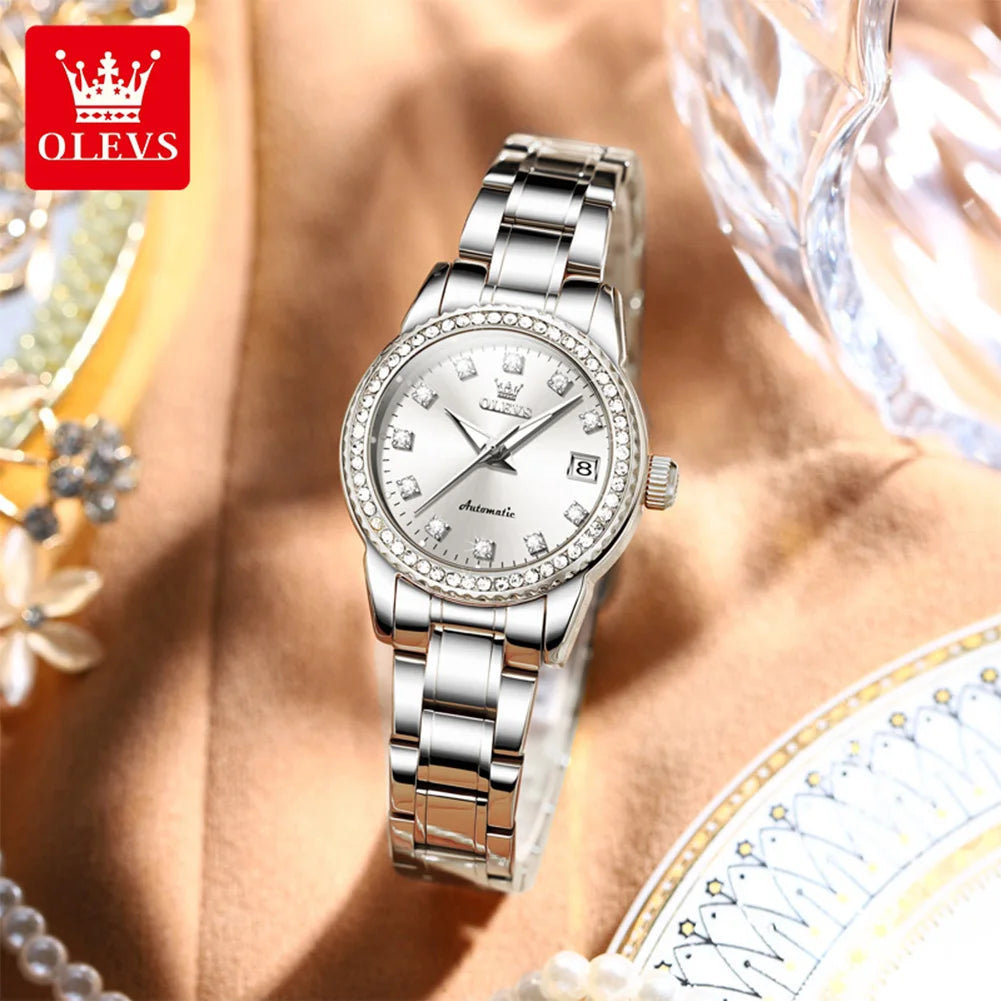 OLEVS 7003 Damen Automatikuhr Diamant-Skala Mechanische Uhr für Damen Stahlarmband Luxus Datum Damenuhr Wasserdicht