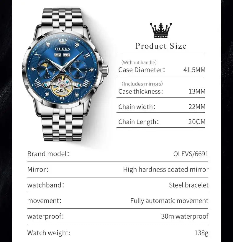 OLEVS 6691 Herrenuhren Luxus Römische Skala Mechanische Uhr für Herren Moonswatch Hohl Schwungrad Kalender Wasserdichte Armbanduhr