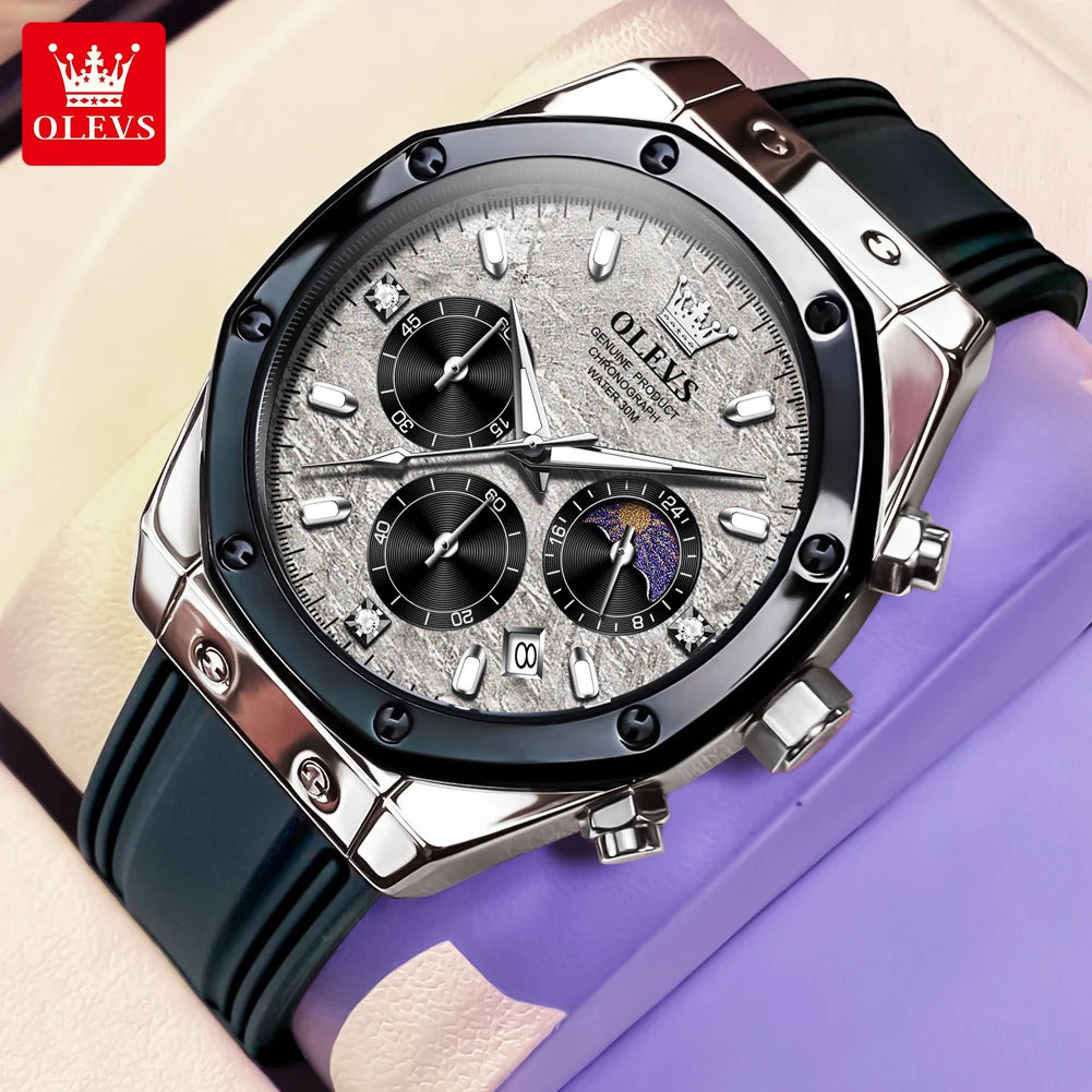 OLEVS 9911 Herren Quarz-Uhr Großes Zifferblatt Chronograph Uhr für Herren Moonswatch Datum Mode Wasserdicht Männliche Armbanduhr Silikonband