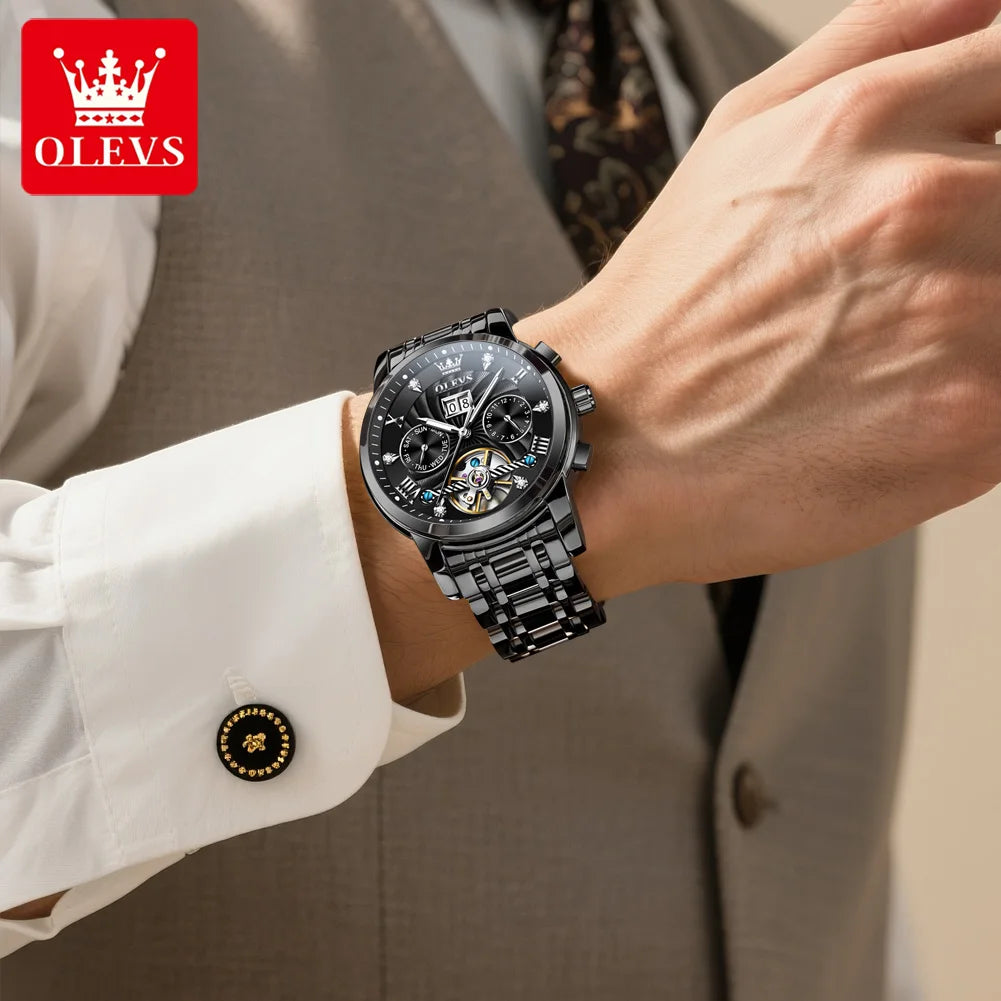 OLEVS 9910 Herrenuhr Luxus Business Mechanische Uhr für Herren Hohl Roman Skala Wasserdicht Leuchtender Kalender Herren-Armbanduhr
