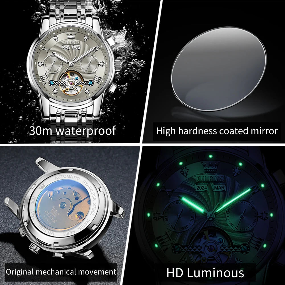 OLEVS 7088 Herrenuhr Mode Kalender Mechanische Uhr für Herren Original Hohl-Stahlarmband Business Armbanduhr Tief Wasserdicht