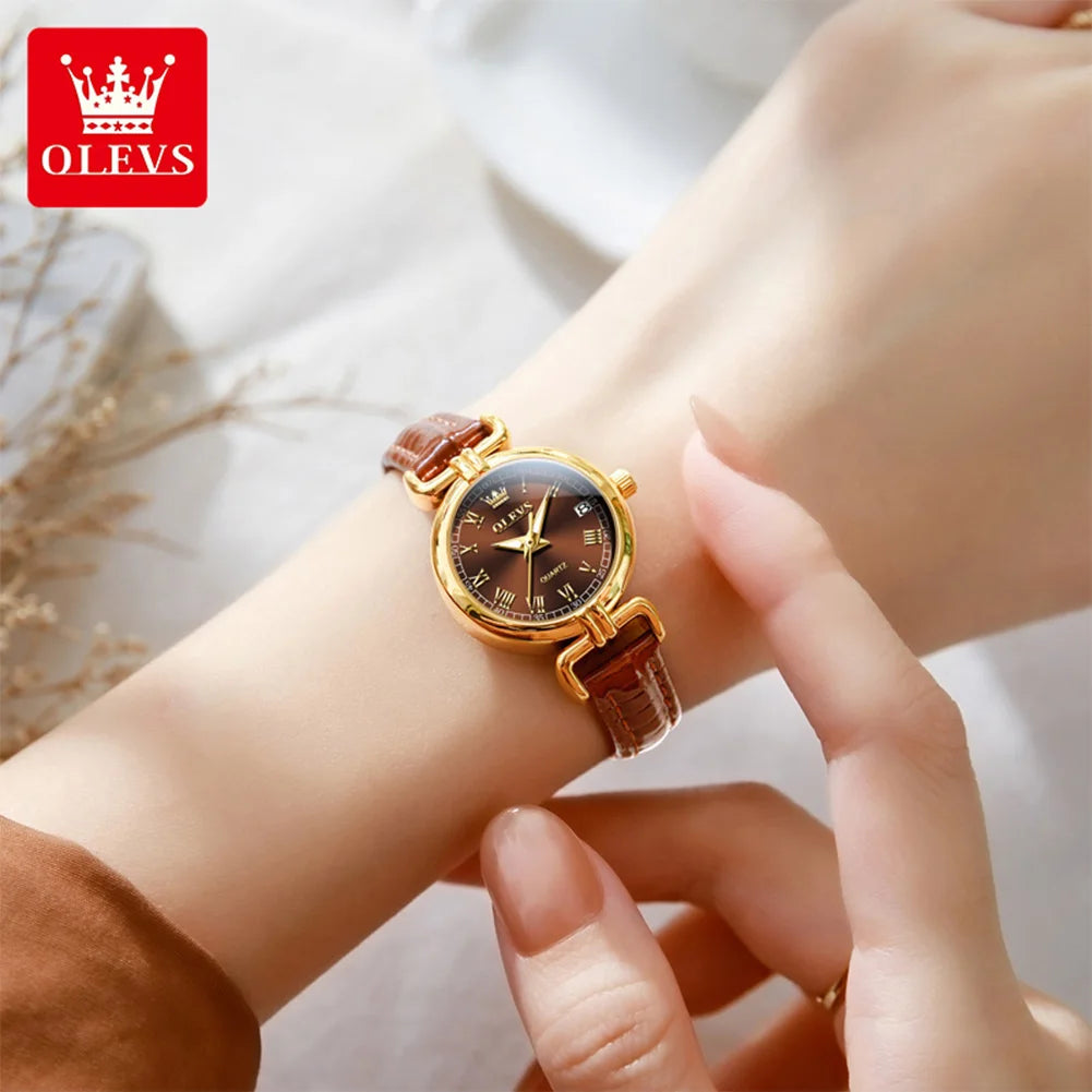 OLEVS 5645 Damenuhr Lederarmband Datum Quarzuhr für Damen Hochfeste Spiegelskala im römischen Stil Mode Damenuhr