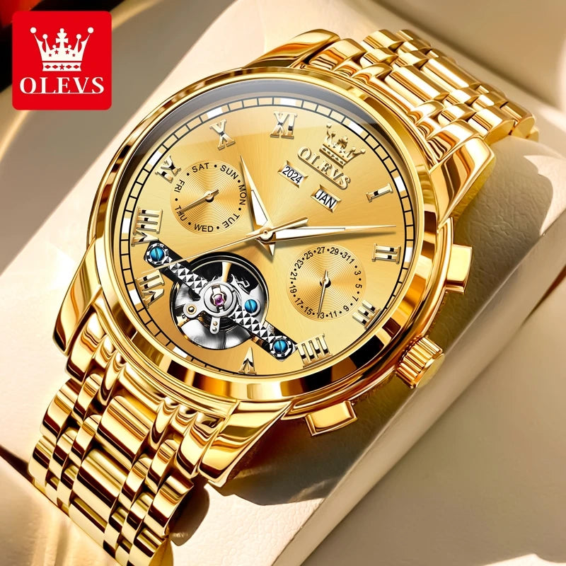 OLEVS Uhren für Herren Luxus-Edelstahl-Schwungrad-Automatik-Uhr Handuhr Woche Datum Wasserdicht Leuchtende Herrenuhr 6607