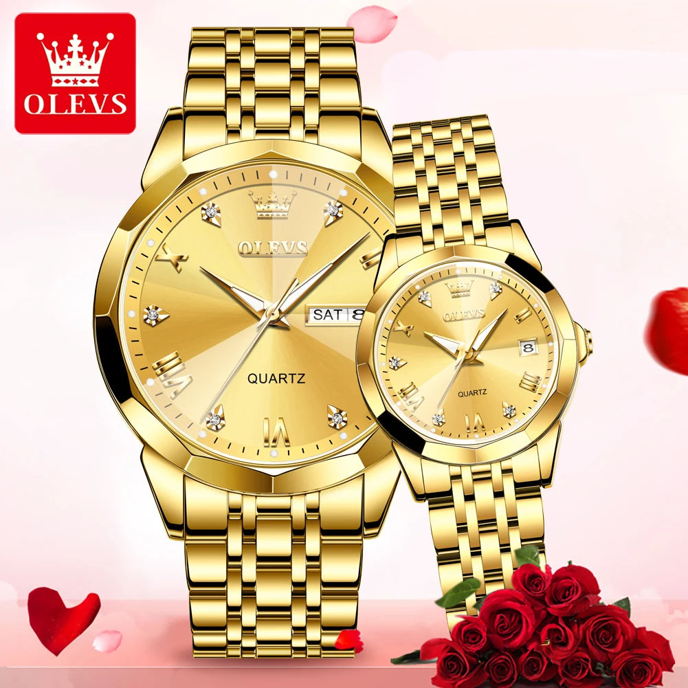 OLEVS 9931 Uhr für Herren und Damen Römische Skala Quarz-Paaruhr Rhombus-Spiegel Automatisches Datum Armbanduhr Luxus Wasserdichte Handuhr