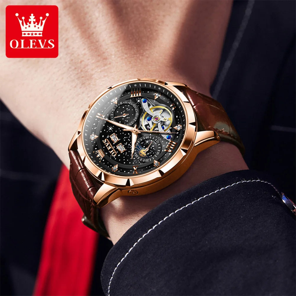 OLEVS 6690 Herrenuhr, hohle Mode-Datumsuhr, mechanische Uhr für Männer, Mondphase, tief wasserdicht, leuchtend, Original Herren Armbanduhr