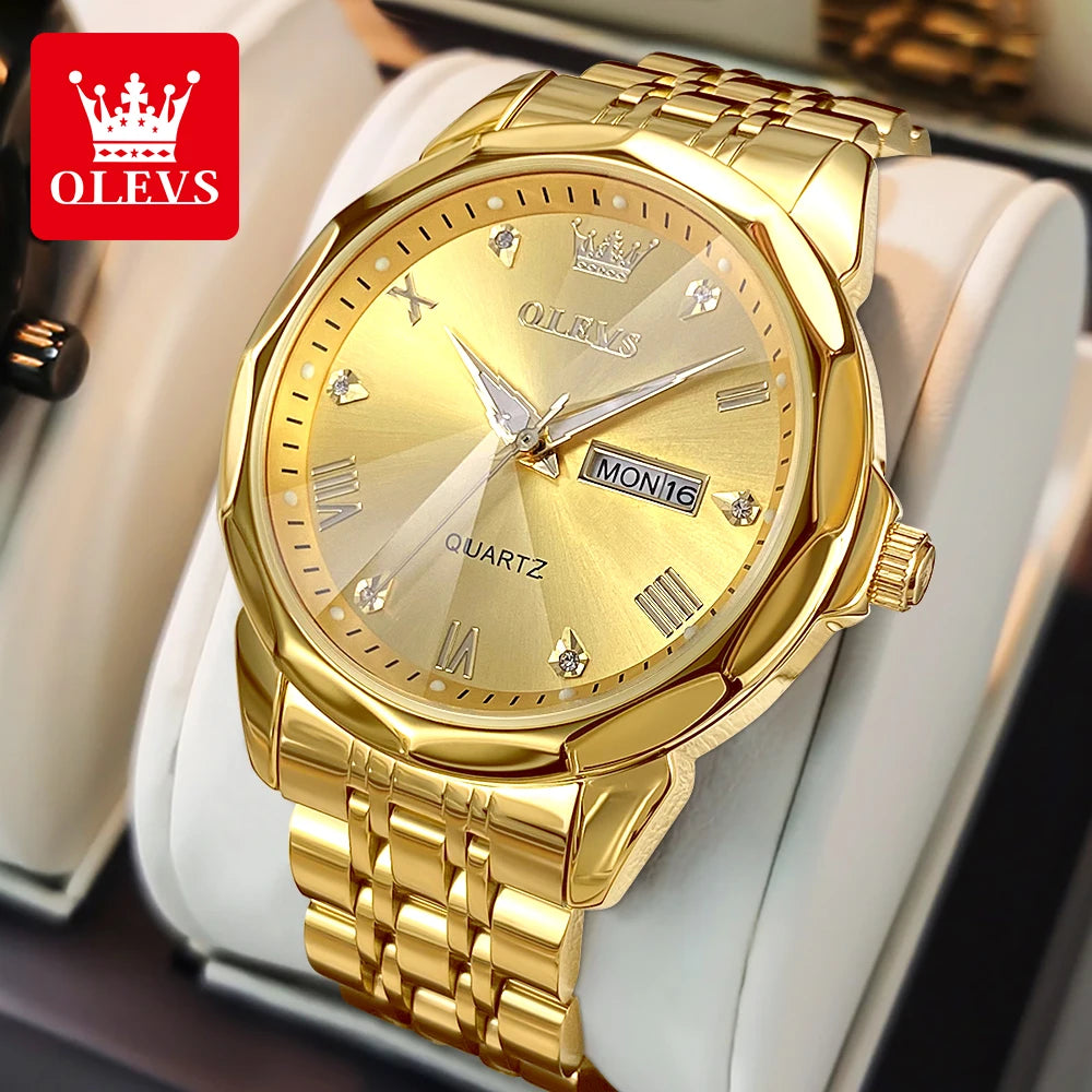 OLEVS 9931 Quarzuhr für Herren, Rauten-Spiegel, wasserdicht, leuchtend, Edelstahl-Armbanduhren, Doppelkalender, Herren-Armbanduhr