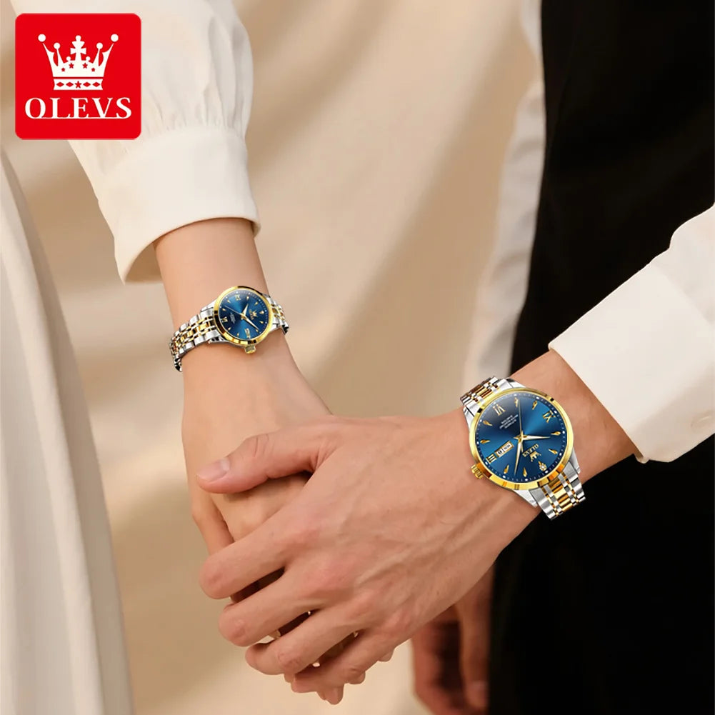 OLEVS 9956 Uhren für Paare Automatische Mechanische Uhren Dual-Kalender Original Edelstahl Zeigeruhr Wasserdicht 9956