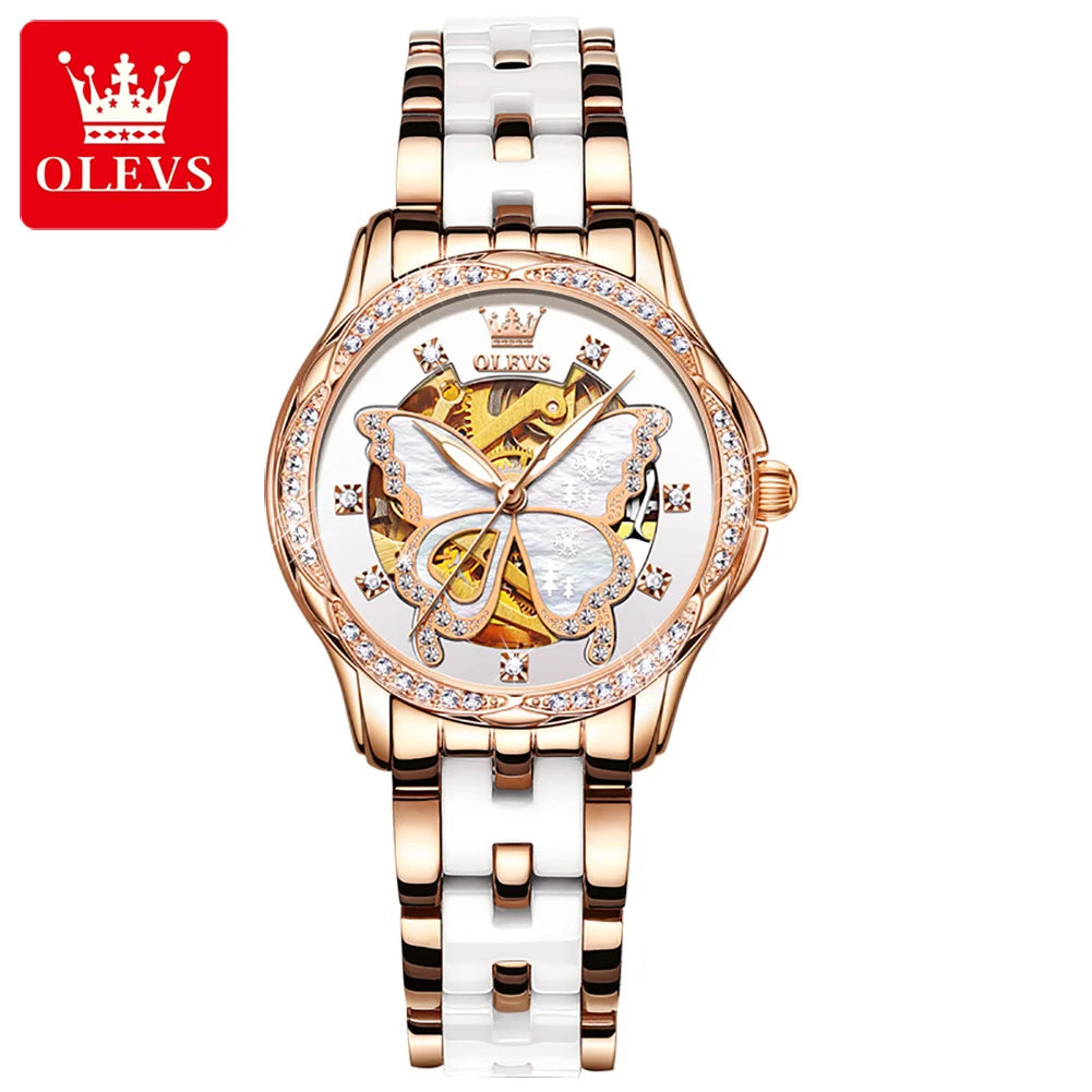 OLEVS 6622 Watch For Women Butterfly Dial Luxury Mechanical Woman Watch Waterproof Luminous Diamond Ladies Automatic Hand Clock