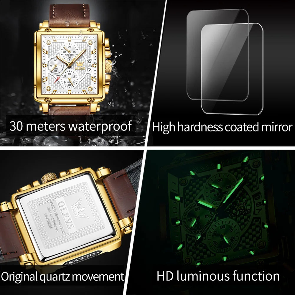 OLEVS Uhr Lässige Mode Quadratische Quarzuhr für Herren Wasserdichte Leuchtende Lederarmband Datumsanzeige Herrenuhr Topseller 9925
