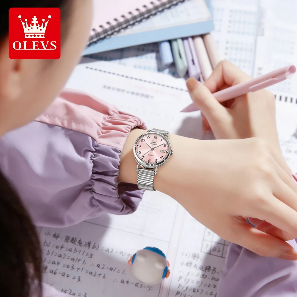 OLEVS 7130 Damenuhren Elegante Mesh-Armband Quarzuhr 9,5mm dünnes Gehäuse Wasserdichtes Automatisches Datum Damen Uhr