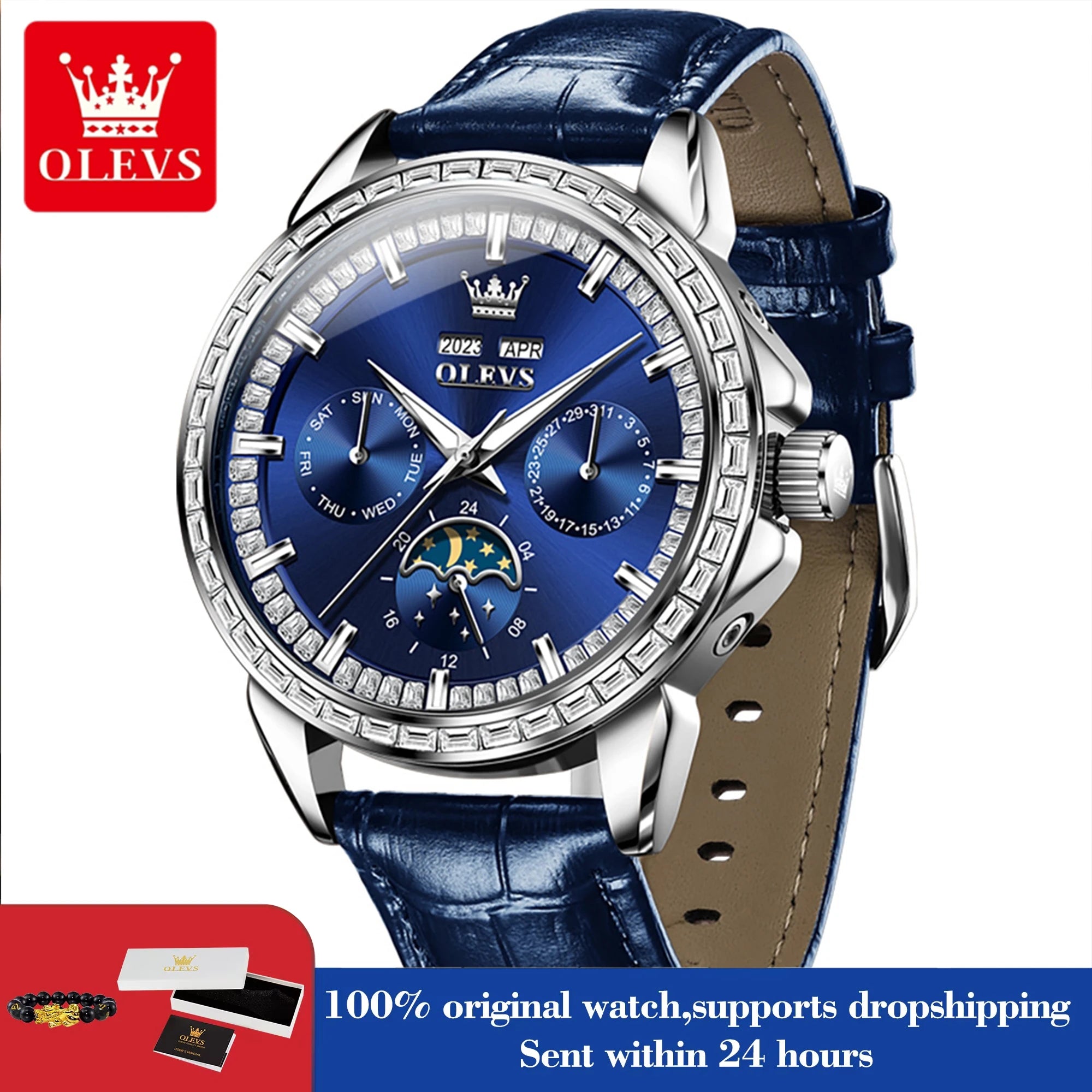 OLEVS 6695 Luxus-Geschäftsuhren für Herren, Mondphasen-Automatikuhr, wasserdichte Herrenarmbanduhr, Geschenkbox, Uhr