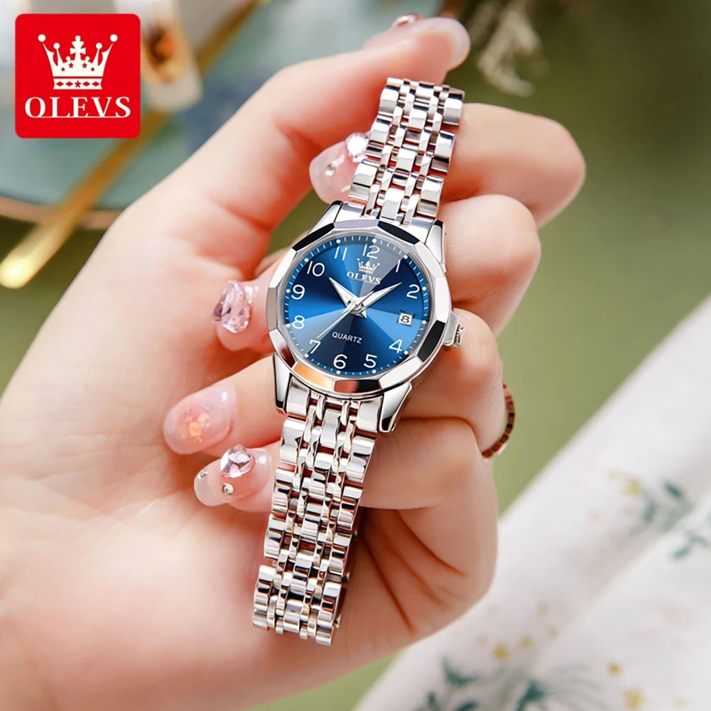 OLEVS 9970 Paar-Armbanduhr für Herren und Damen, luxuriöses Zifferblatt, Rhombus-Spiegel, Quarz-Handuhr, Edelstahl, originale Kleideruhren