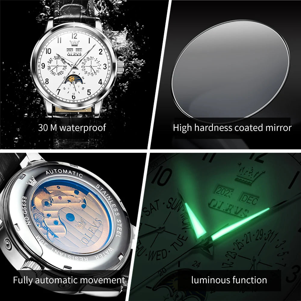 OLEVS 6698 Herren Automatikuhr mit Zifferblatt, Mondphase, mechanisch, für Herren, 42 mm großes Zifferblatt, wasserdicht, Leder, Herrenuhr