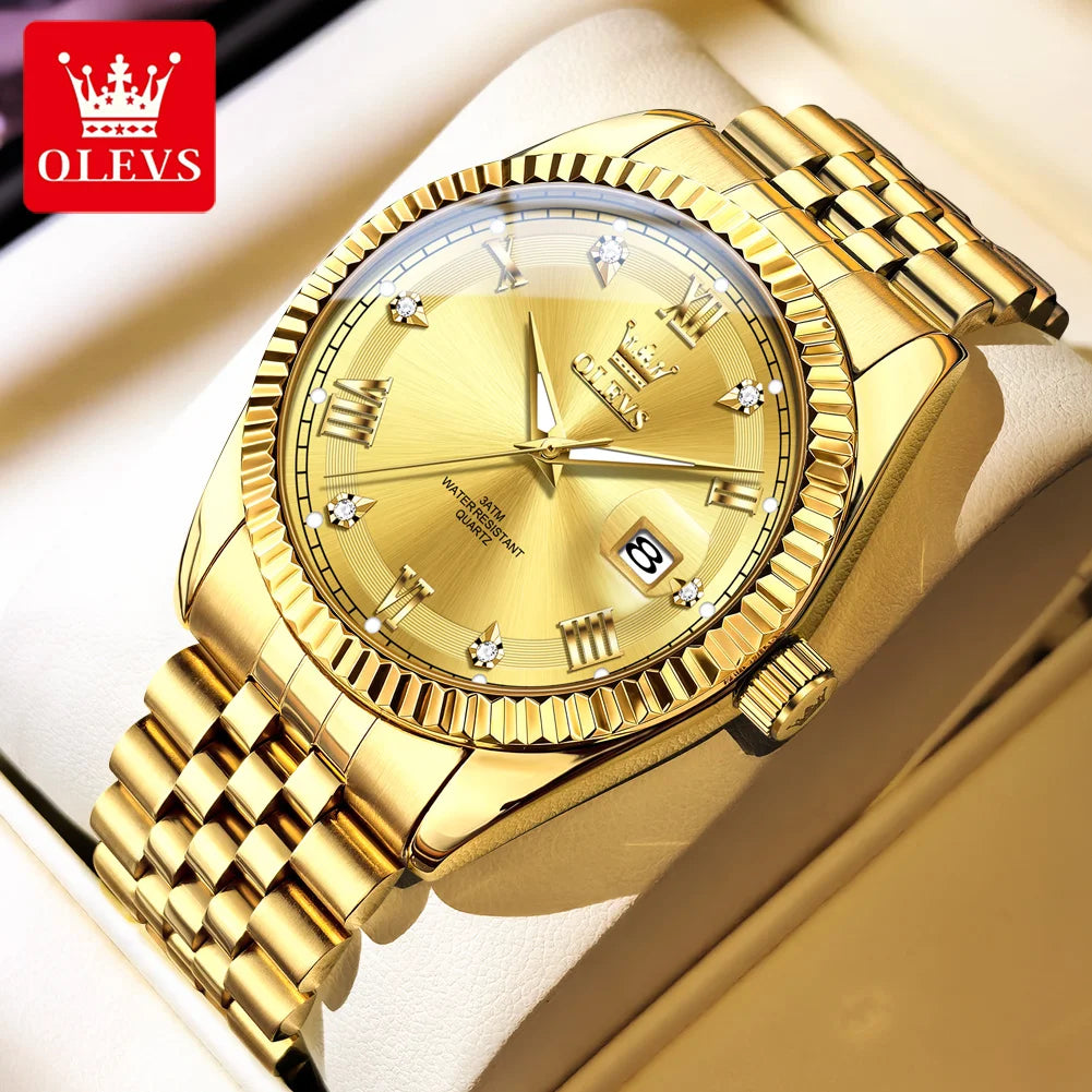 OLEVS Luxus Gold Quarzuhren für Herren Original Chronograph Datum Edelstahl Wasserdicht Leuchtend Top Marke Herrenuhr 5680