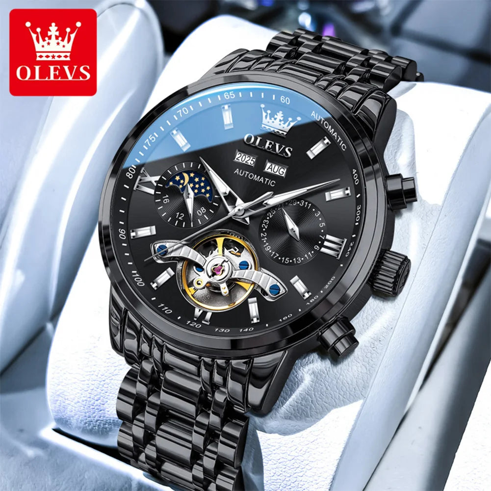 OLEVS 6740 Uhren für Herren, original luxuriöse Automatikuhren mit Schwungrad, Mondphase, wasserdicht, leuchtende Geschenke