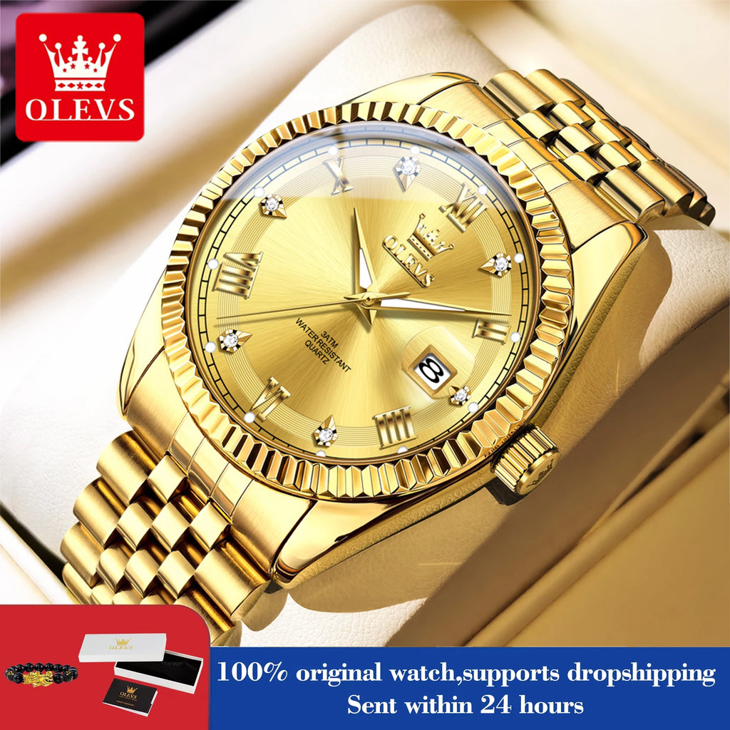 OLEVS Luxus Gold Quarzuhren für Herren Original Chronograph Datum Edelstahl Wasserdicht Leuchtend Top Marke Herrenuhr 5680