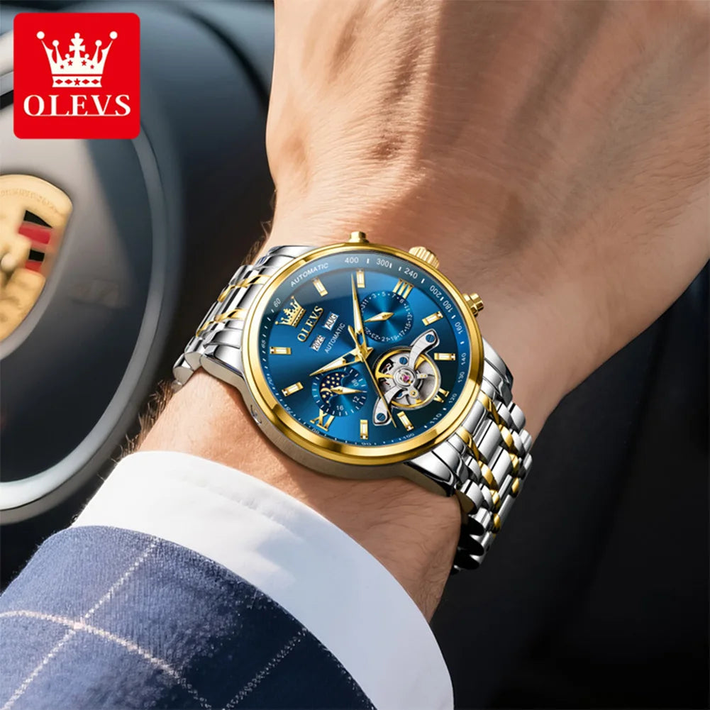 OLEVS 6740 Uhren für Herren, original luxuriöse Automatikuhren mit Schwungrad, Mondphase, wasserdicht, leuchtende Geschenke