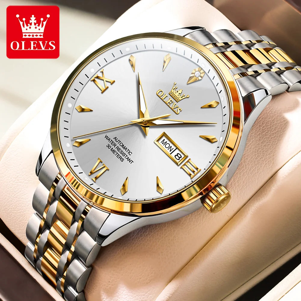 OLEVS 9956 Herrenuhr Stahlarmband Luxus Automatikuhr für Herren Original Mode Wasserdicht Mechanische Uhr Doppelkalender