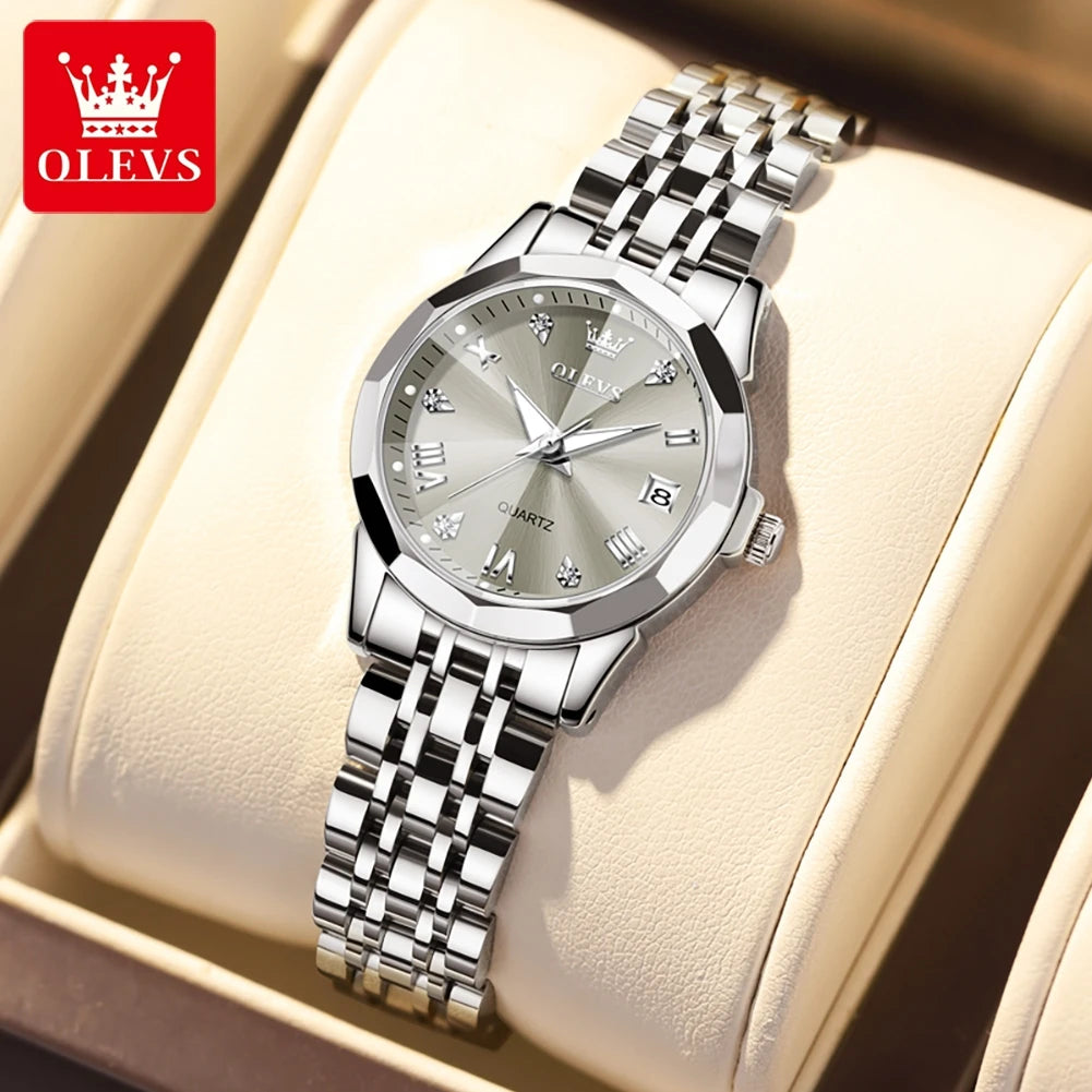OLEVS 9931 Original Quarzuhren für Damen, Rauten-Spiegel, wasserdicht, leuchtend, Edelstahl-Armbanduhren, Kalender, Neu