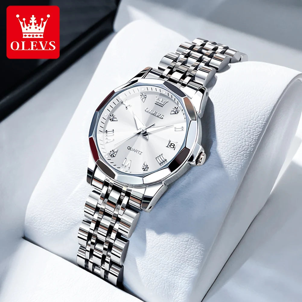 OLEVS 9931 Original Quarzuhren für Damen, Rauten-Spiegel, wasserdicht, leuchtend, Edelstahl-Armbanduhren, Kalender, Neu
