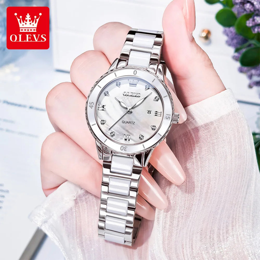 OLEVS 9985 Damenuhr Keramik Armband Mode Datum Quarzuhr für Damen Top Marke Wasserdicht Elegante Damenuhr