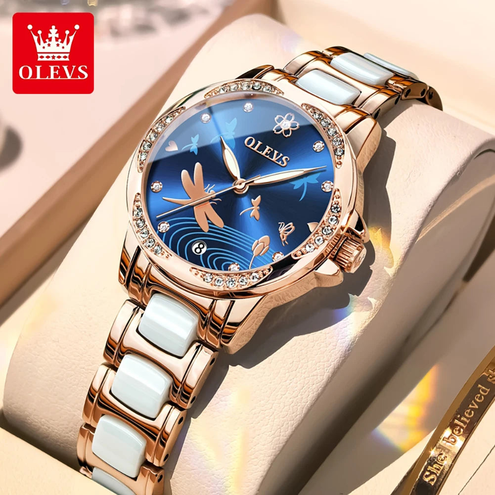 OLEVS Uhren Damen 6610 Automatische Mechanische Uhr Diamantskala Original Uhren für Frauen Kalender Luxus Kleideruhr