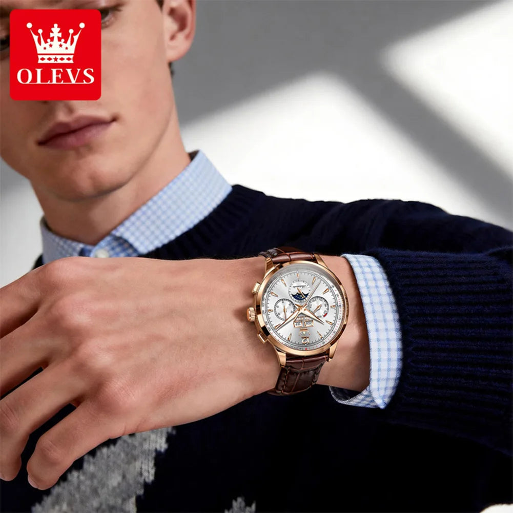 OLEVS 7128 Herrenuhr Luxus Klassische Automatische Mechanische Armbanduhr Wasserdichter Ewiger Kalender Mondphasenuhren Für Herren