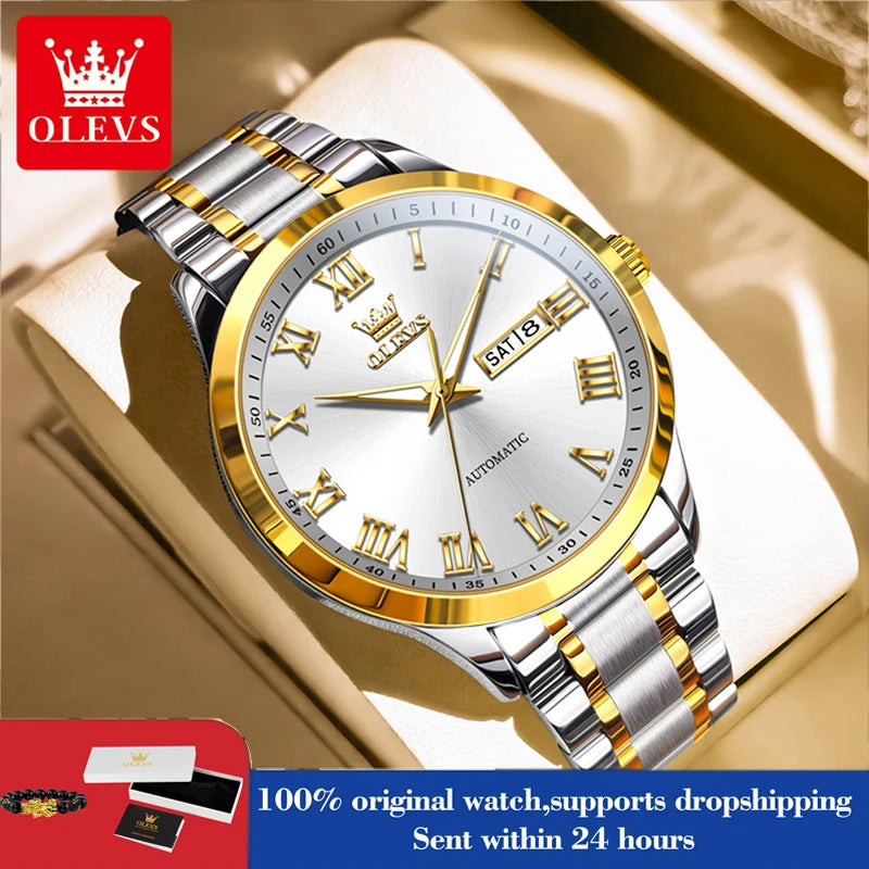OLEVS 7075 Uhren für Herren Luxus Original Mechanische Uhr für Herren Wochenkalender Wasserdicht Automatische Armbanduhr Edelstahlarmband