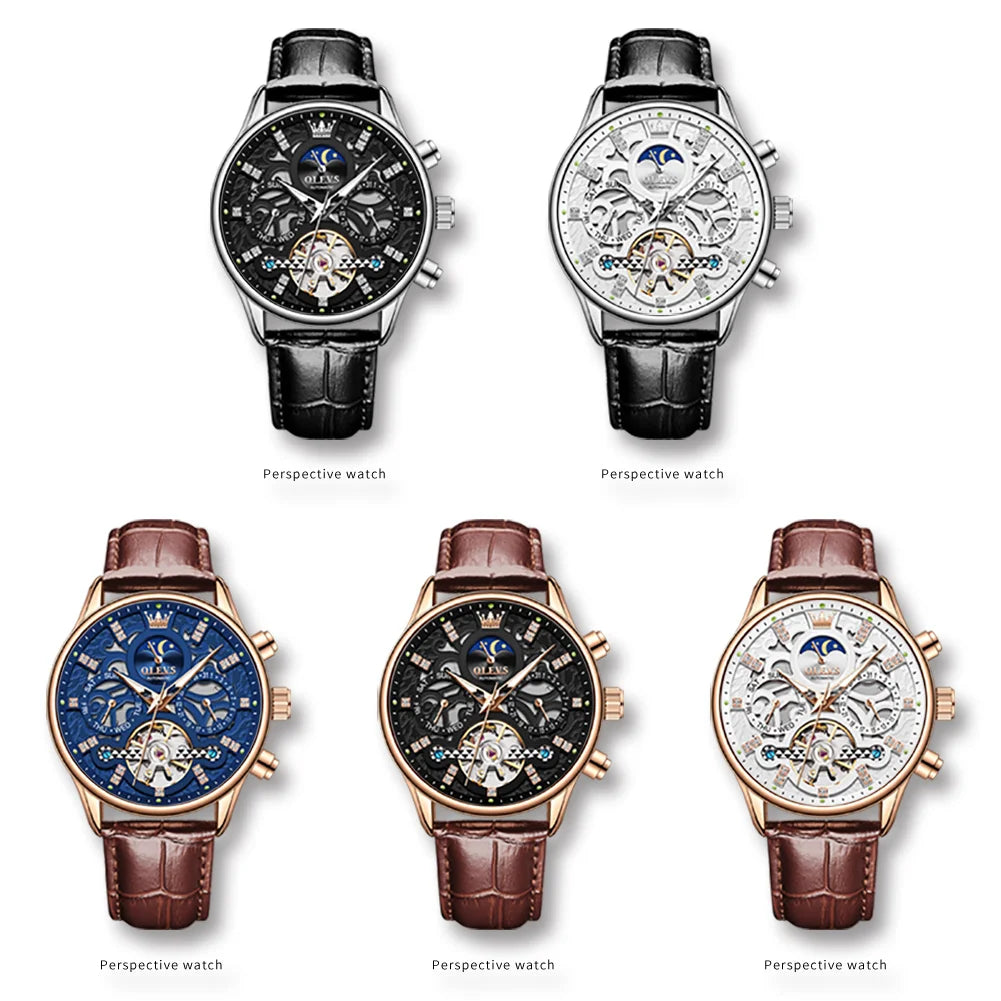 OLEVS 6658 Luxus Skelett-Schwungrad Automatische Mechanische Uhr Moonswatch Wasserdichte Armbanduhr Für Herren Geschenkbox Handuhr