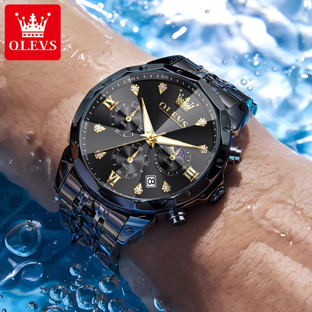 OLEVS 3670 Men's Watch Fashion Date Moon Phase Luminous Quartz Watch For Men Luxury Chronograph Waterproof Business Hand Clock
