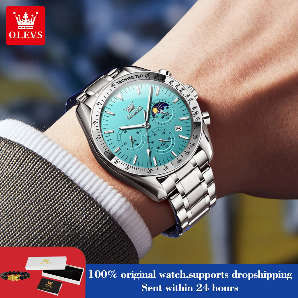OLEVS 3618 Quartz Watch For Men Original Chronograph Moon Phase 24 Hours Display Hand Clock Stainless Steel Top Brand Man Watch