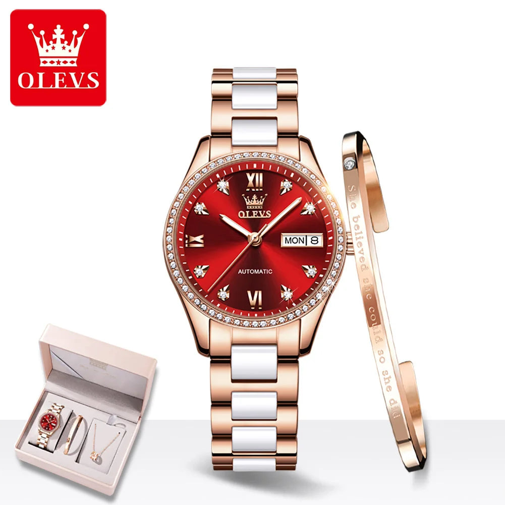 OLEVS 6637 Damenarmbanduhren Wasserdichte Dual-Kalender Mechanische Uhr für Frauen Original Diamant-Skala Leuchtende Luxus-Handuhr