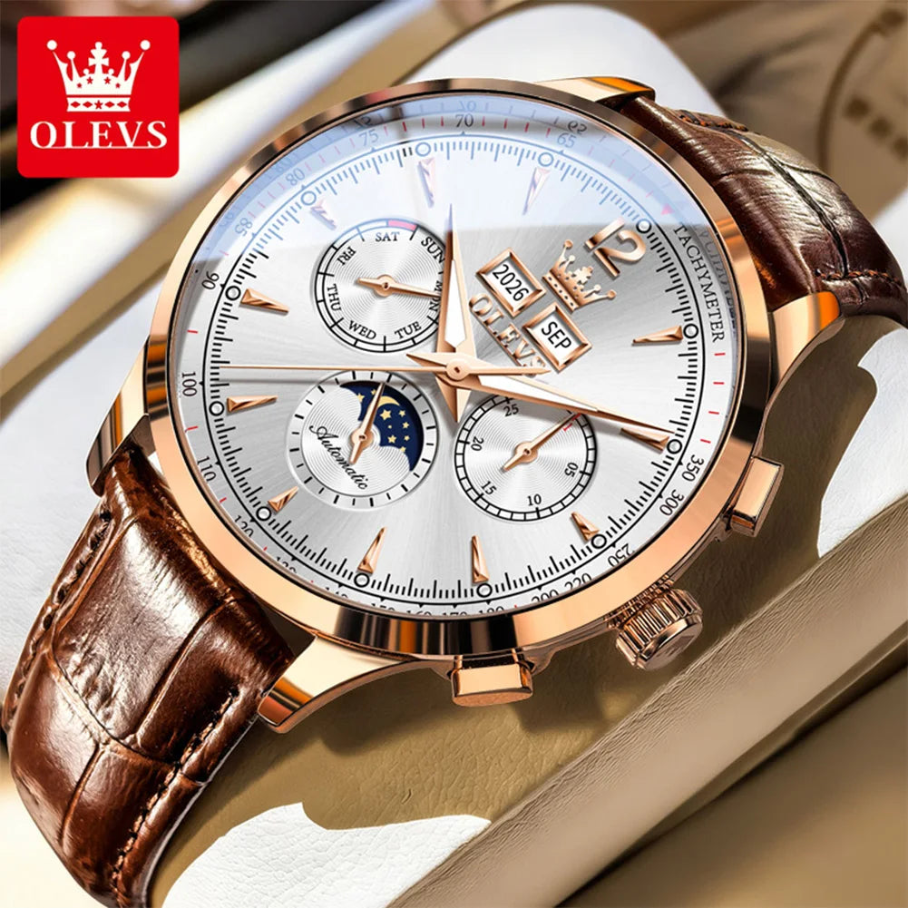 OLEVS 7128 Herrenuhr Luxus Klassische Automatische Mechanische Armbanduhr Wasserdichter Ewiger Kalender Mondphasenuhren Für Herren