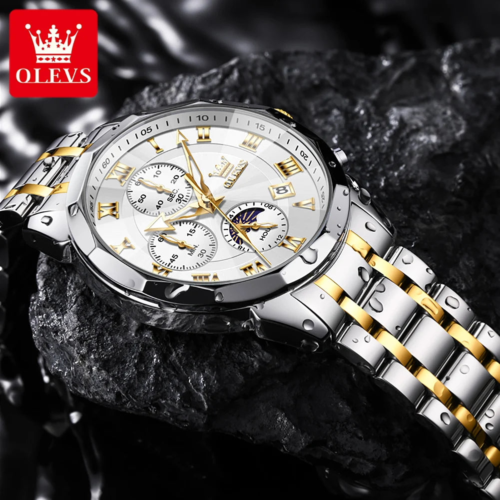 OLEVS 3675 Watch For Men Roman Scale Luxury Rhombus Mirror Chronograph Man Hand Clock Moon Phase Date Waterproof Quartz Watches