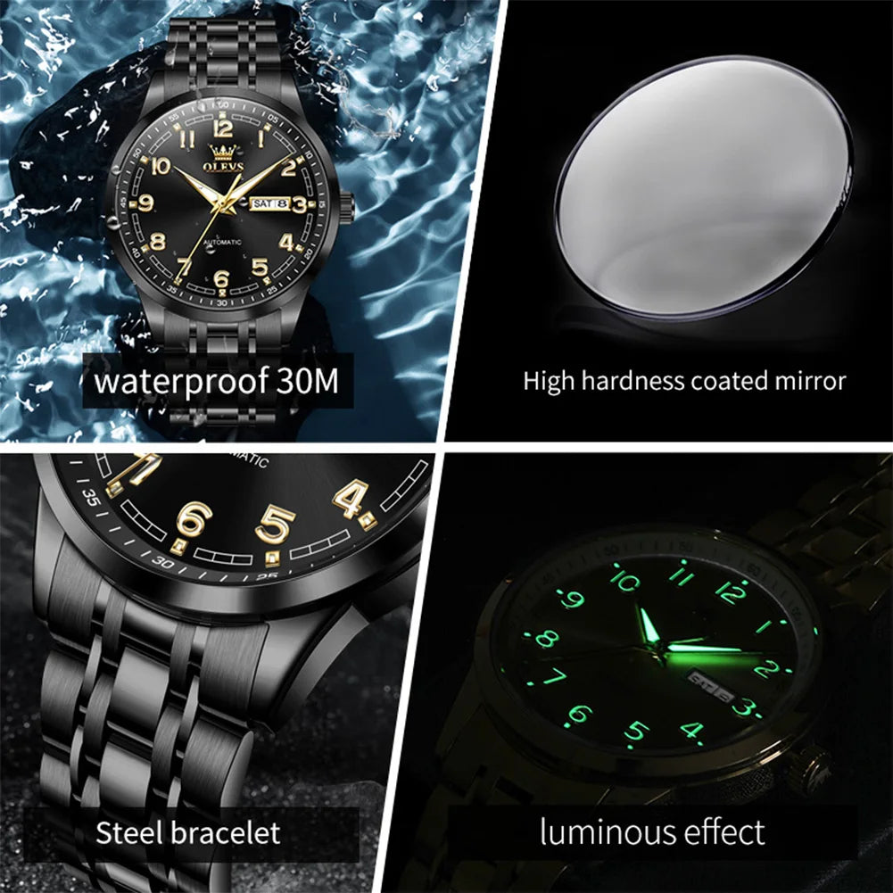 OLEVS 7077 Herren-Automatikuhr, Mode, Datum, mechanische Herrenuhr, Ziffernskala, luxuriös, wasserdicht, leuchtende Uhr für Herren