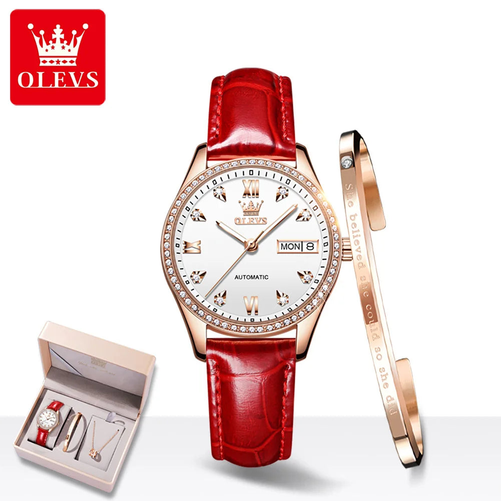 OLEVS 6637 Damenarmbanduhren Wasserdichte Dual-Kalender Mechanische Uhr für Frauen Original Diamant-Skala Leuchtende Luxus-Handuhr